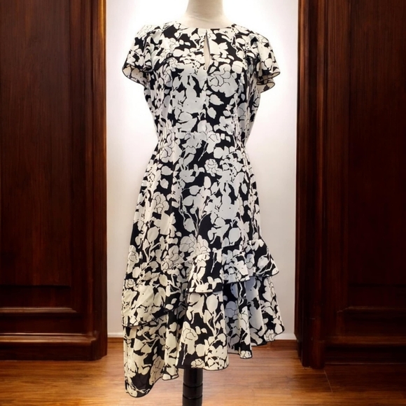 NWT SAM EDELMAN SZ 8 Black&White Floral Silhouette Asymmetrical Ruffle Hem Dress - Picture 5 of 14
